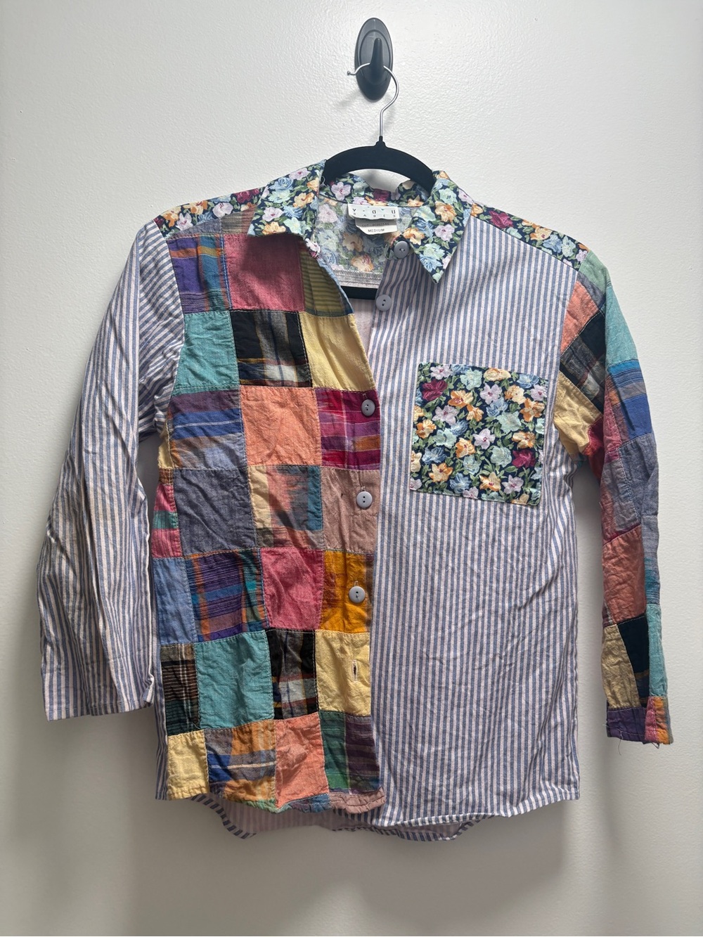 Vintage Patchwork Floral Stripe Long-Sleeve Shirt - Multicolor